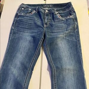 Grace in LA jeans size 32 Women's Feather Embroidery Mid Rise Bootcut Jeans